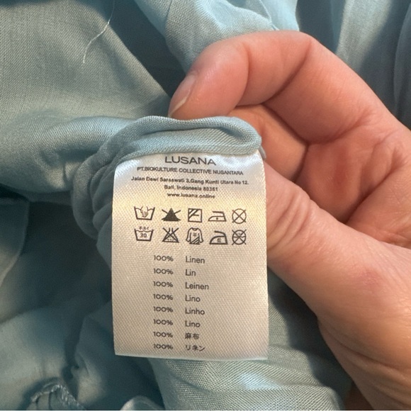 NWOT Lusana light blue linen dress midi ruched belted lined women’s size 8 - Picture 6 of 7